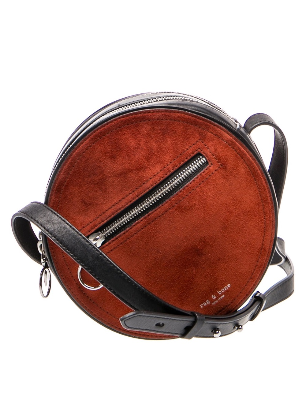 RAG & BONE Circle Rust Red Suede Black Leather Round Padded Crossbody Bag